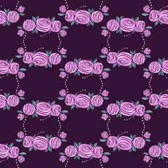 Rose vector seamless pattern. Pink, green, violet colors. Floral endless texture can be used for printing onto fabric and paper or scrap booking. Flower abstract background. Pretty feminine design