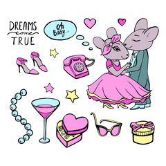 Cute cartoon mouse in vector. Chinese symbol 2020 new year. Lettering Happy New year. Illustration for design on the theme of Christmas and New year. Hand-drawn black and white line. Doodle