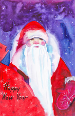Watercolor illustration of Santa Claus against the night sky with falling snow. A huge bag of gifts with the inscription happy new year in the foreground