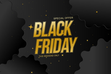 Black Friday Sale. Special offer greeting card with gold sign on a dark background. Flat vector illustration EPS10