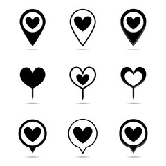 Vector set map pointer with hearts icon.illustration.Location symbol vector set isolated on white background. Black color. Love symbol for valentine's day.hearts icon.Pin hearts.Search and find love.