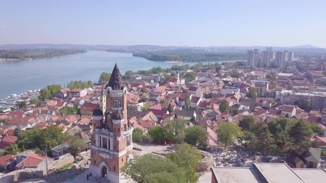 Cinematic 4k aerial shot of Gardos Tower in Zemun Old city, Belgrade summer day