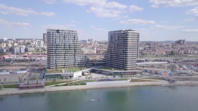 Slow steady 4k aerial panorama of towers of Belgrade Waterfront and Sava river