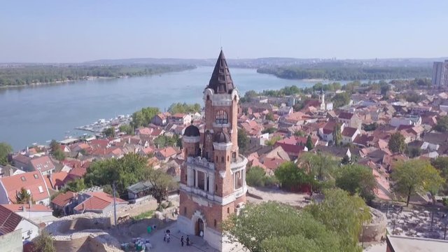 Tilting establishing aerial shot of Gardos Tower in Zemun Old city
