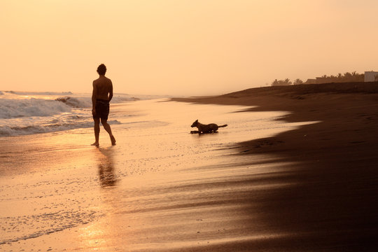 silhouette of man and his dog walking on beach at sunset in guatemala