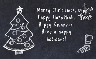 Drawing of christmas tree and handwritten greetings on black chalkboard  © iushakovsky