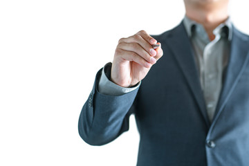 Close up of businessman hand action with pen and writting somthing isolated on white background.