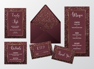 Wedding invite marsala design set with gold glitter texture including invitation, menu, envelope, RSVP, thank you and details card. 