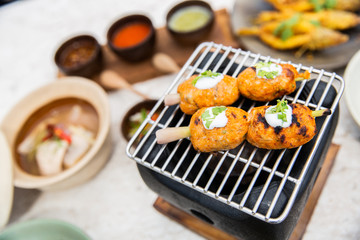 grilled steak with potatoes and vegetables