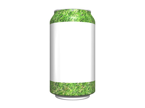 green grass on can with white empty isolated on white background 3D render