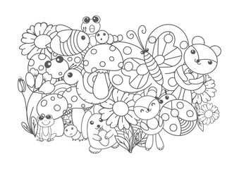 Vector linear drawing, set of cute children's illustrations. Animals, beer, frog, worm, butterfly, bee, snail, ladybug, rabbit.