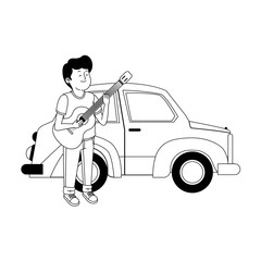 classic car and teenager boy with guitar