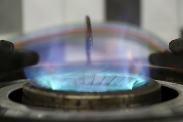 The blue fire rising from the head of the gas stove.