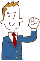 ガッツポーズするブルーのブレザーを着た男子学生