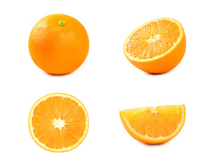 Orange fruit with half and sliced isolated on white background.
