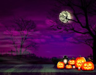 Dark purple night haunted graveyard and the moon with branches tree and flying bats on Halloween day and Jack-o-lantern on the wood plank board with lamp and red candle and the black cat.