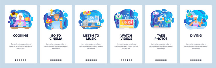Mobile app onboarding screens. Leisure time and activities, watching tv series, cooking, listen music, go to cinema. Vector banner template for website and mobile development. Web site illustration