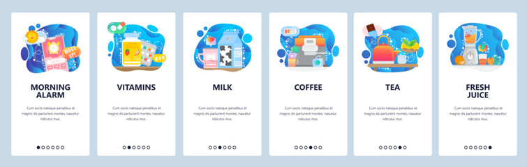 Mobile app onboarding screens. Wake up alarm clock, morning breakfast and drink, hot coffee and tea. Vector banner template for website and mobile development. Web site design flat illustration