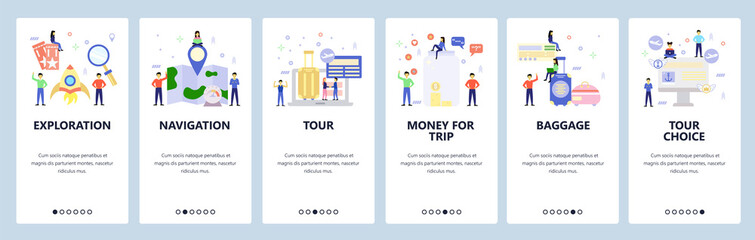 Mobile app onboarding screens. Vacation and air travel icons, book tour package, map, baggage. Menu vector banner template for website and mobile development. Web site design flat illustration