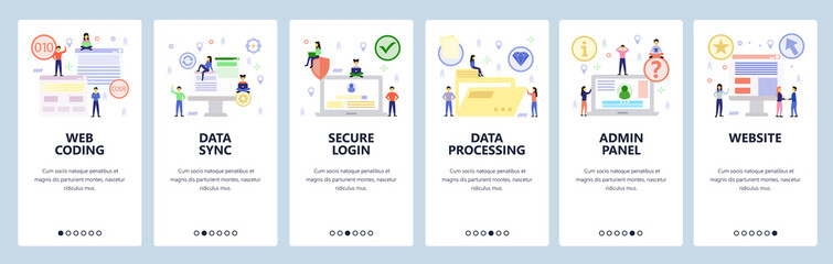 Mobile app onboarding screens. Web coding, cyber security, data sync and processing, admin panel login. Vector banner template for website and mobile development. Web site design flat illustration