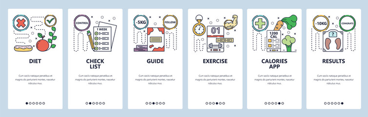 Mobile app onboarding screens. Healthy diet and fitness exercise, calories control, weights loss. Menu vector banner template for website and mobile development. Web site design flat illustration