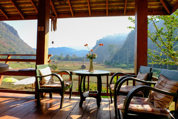 Flowers  pot on wooden table  at home,Thailand 