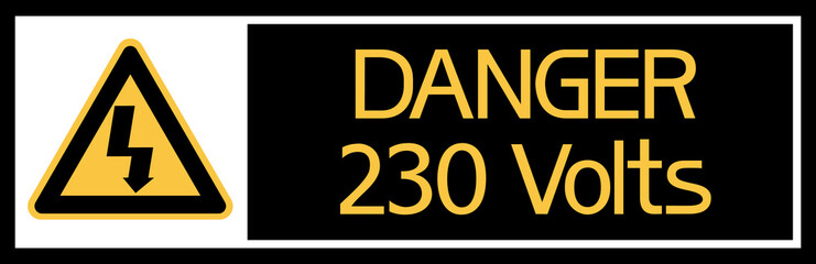 Danger 230 volts.Sign. Warning, illustratively graphic poster with a triangular familiar and text.