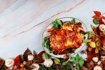 Golden roast chicken with thanksgiving celebration dinner
