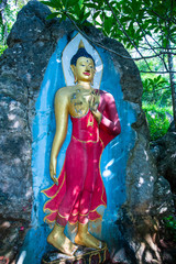 PHAYAO, THAILAND - October 8, 2019: Stone carving art of Buddha in Phrathat Chom Sin temple