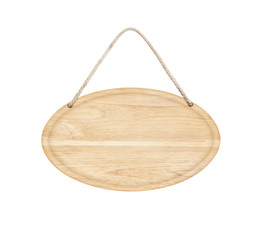 empty wooden sign with lope for hang on white background with clipping path
