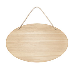 empty wooden sign frame with lope for hang on white background with clipping path