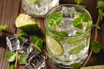 Mojito cocktail on wooden table.