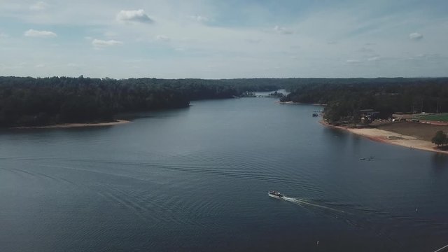 Aerial flyover of Lake Hartwell Reservoir near Clemson SC