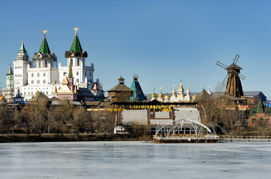 MOSCOW,RUSSIA - MARCH 15,2015: Izmailovo kremlin in Moscow with frozen pond in spring