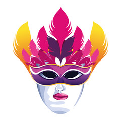 Masquerade mask with colorful feathers, colorful flat design