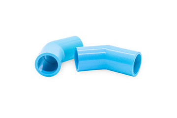 PVC blue pipe elbow 45 degree connect fitting isolated white background.