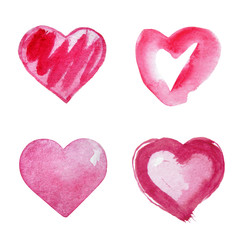 Watercolor set of hearts isolated on white background.