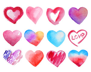Fototapeta premium Watercolor set of hearts isolated on white background.