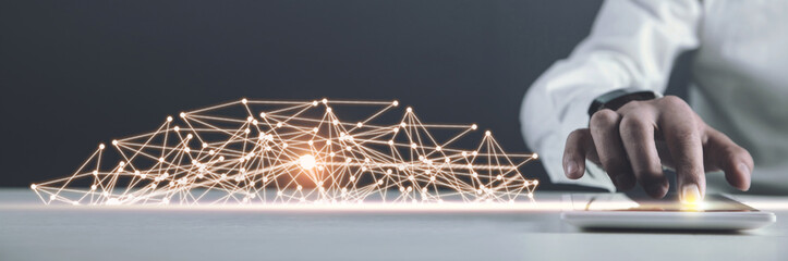 Man with tablet. Digital network connections