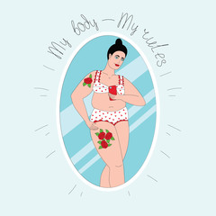 Color vector illustration of a plus size girl takes a selfie. Hand-drawn poster with the inscription on top. Girl posing in underwear. Reflection in the mirror of a curvy woman with tattoo.