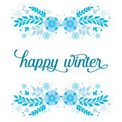 Handwritten of happy winter, with drawing element of blue wreath frame. Vector