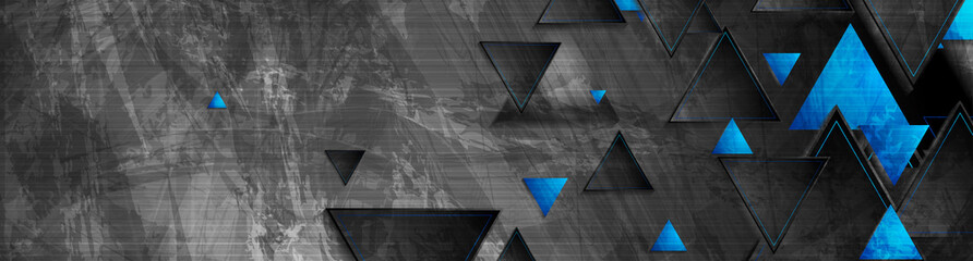 Tech blue triangles on dark grey grunge header banner. Vector abstract corporate background