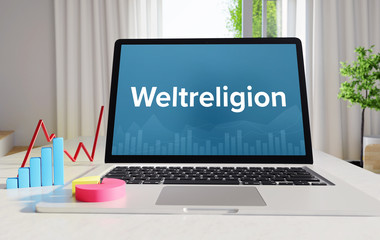 Weltreligion – Business/Statistik. Laptop im Büro mit Begriff auf dem Monitor. Finanzen/Wirtschaft.