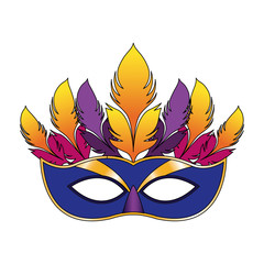 Carnival mask with feathers over white background