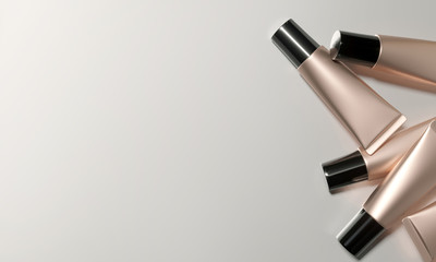 Obraz premium Tubes - 3d render illustration. Blank face cream - Rose Gold tube, black cap. Cosmetics lie on light background. Advertising mockup with copy space. Set of trendy realistic skin or hair care cream.
