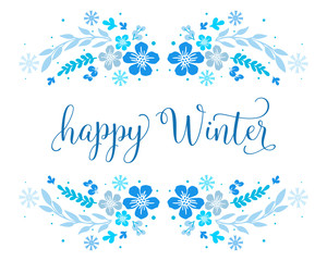 Fototapeta na wymiar Design for banner or poster happy winter, with blue leaf flower frame background. Vector