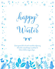 Design for banner or poster happy winter, with blue leaf flower frame background. Vector