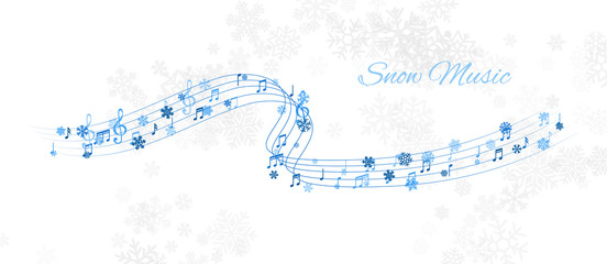 Christmas design element from flying lines, music notes and snowflakes. Winter holiday decoration on the light background from snow.