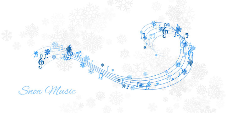 Christmas design element from flying lines, music notes and snowflakes. Winter holiday decoration on the light background from snow.