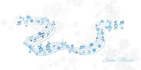 Christmas design element form  flying lines, music notes and snowflakes. Winter holiday decoration on the light background from snow.
